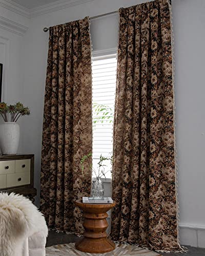 "vctops Vintage Floral Oil Painting Curtains with Tassels Set of 2 Panels Rod Pocket Thermal Insulated Room Darkening Window Curtains/Drapes for Bedroom Living Room (Coffee,59""x63"")"