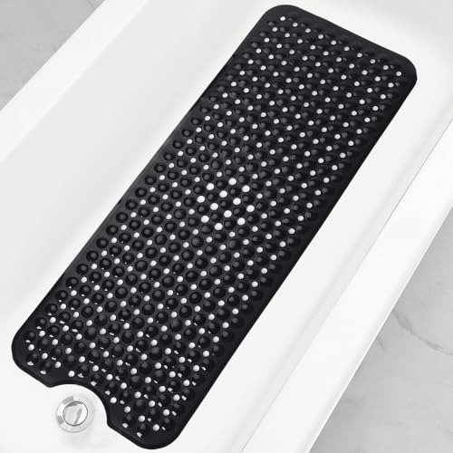 Linoows Bathtub and Shower Mats, Extra Long Non Slip Bath Mat 40 x 16 Inch, Bath Tub Mat with Suction Cups and Drain Holes for Bathroom, Machine Washable Soft Shower Floor Mat, Black