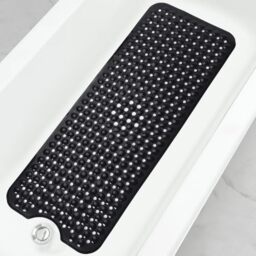 Linoows Bathtub and Shower Mats, Extra Long Non Slip Bath Mat 40 x 16 Inch, Bath Tub Mat with Suction Cups and Drain Holes for Bathroom, Machine Washable Soft Shower Floor Mat, Black