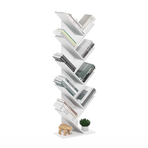 Furinno TREE Book Shelf, 9-Tier Bookshelf, Tree Bookcase for Room Decor, 8.4 x 15.7 x 50.9, for Living Room, Bedroom, Home Office, White