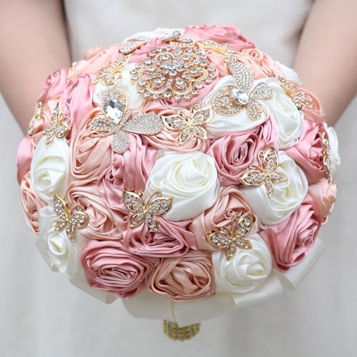 "Mhojpik Handmade Wedding Flowers Bouquet Round Holding Bridal Bouquet Toss Artificial Rose Bunch for Bride Bridesmaid Wedding Quinceanera (Blush, Peach Pink & Ivory, 8.7"")"