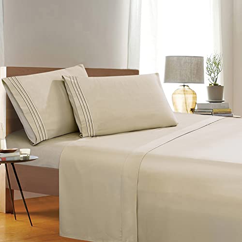 1500 Thread Count Wrinkle & Fade Resistant Egyptian Quality 3-Piece Bed Sheet Set Ultra Soft Luxurious Bed Sheet Set includes Flat Sheet, Fitted Sheet and 2 Pillowcases, Twin/Twin XL, Authentic Tan