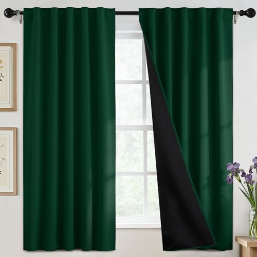 SimpleHome 100% Blackout 63 Inch Dark Green Curtains for Living Room - Curtains for Bedroom,Rod Pocket and Back Tab Window Drapes,Room Darkening Curtains with Black Back,52 x 63 Inch,2 Panels