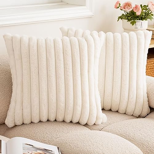 Faux Fur Throw Pillow Covers 18x18 Set of 2 Fuzzy Striped Soft Cozy Pillowcase Luxury Decorative Pillow Covers with Zipper Double-sided Shaggy Plush Cushion Covers for Couch Sofa Bedroom,Cream White