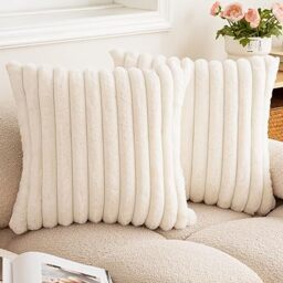 Faux Fur Throw Pillow Covers 18x18 Set of 2 Fuzzy Striped Soft Cozy Pillowcase Luxury Decorative Pillow Covers with Zipper Double-sided Shaggy Plush Cushion Covers for Couch Sofa Bedroom,Cream White