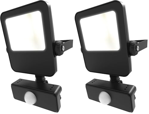4lite Motion Sensor Floodlight (Black) 2400lm IP65 Rated Compact LED Integrated 10W Flood Light - 4L2/1028-4Yr Guarantee (Pack of 2)
