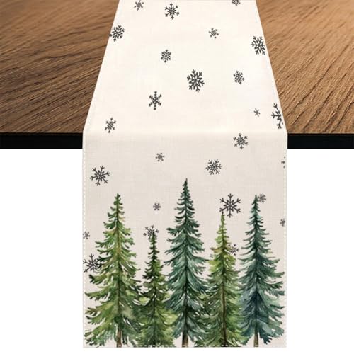 Christmas Pine Tree Table Runner, Winter Snowflake Xmas Kitchen Dining Table Decoration for Home Party Decor 13 x 70 Inch