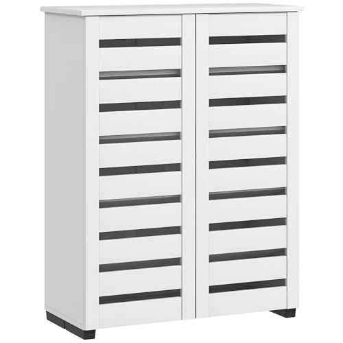 HOMCOM Narrow Shoe Cabinet for Entryway, 5-Tier Slim Shoe Storage Cabinet with 2 Slatted Doors and Adjustable Shelves for 15 Pairs, White