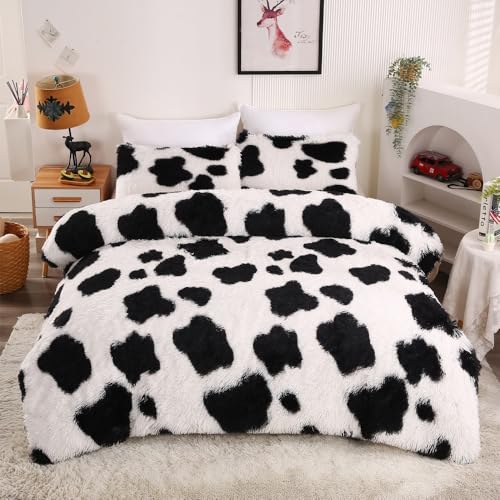 chovy Faux Fur Tie-dyed Cow Print Black White Comforter Sets Queen - 3PC Bed Set Ultra Soft Plush Flannel Velvet Fluffy Fuzzy Bedding(Comforter x 1 Pillowcases x 2)