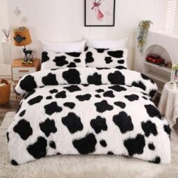 chovy Faux Fur Tie-dyed Cow Print Black White Comforter Sets Queen - 3PC Bed Set Ultra Soft Plush Flannel Velvet Fluffy Fuzzy Bedding（Comforter x 1 Pillowcases x 2）