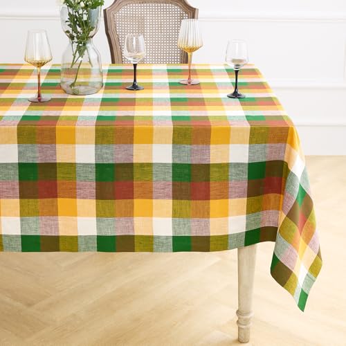 Solino Home Buffalo Check Linen Tablecloth 60 x 90 Inch - 100% Pure Linen Fall Multicolor Plaid Table Cloth for Rectangle Tables - Machine Washable Checkered Tablecloth for Halloween