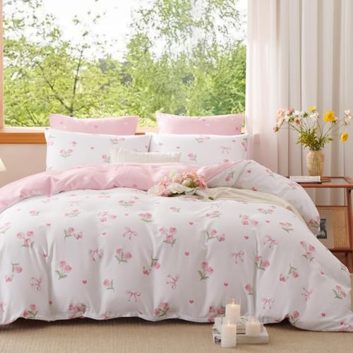 Erwinmu Floral Comforter Set Queen Size - 3 Pieces Pink White Floral Tulips Bow Comforter Bedding Sets Reversible Pattern,Queen Bed in a Bag with Flowers Comforter and 2 Pillowcases