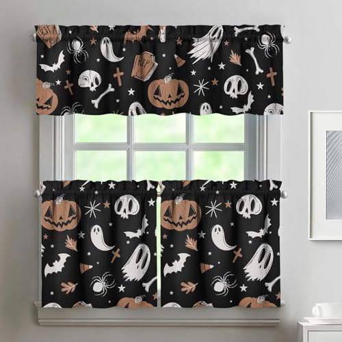 qwpmvhsak Halloween Kitchen Curtains and Valances Set of 3,Pumpkin Ghost Halloween Decoration,Gothic Style Curtains and Valances Short Curtain Set for Kitchen Bedroom Holiday Decor,24Inch