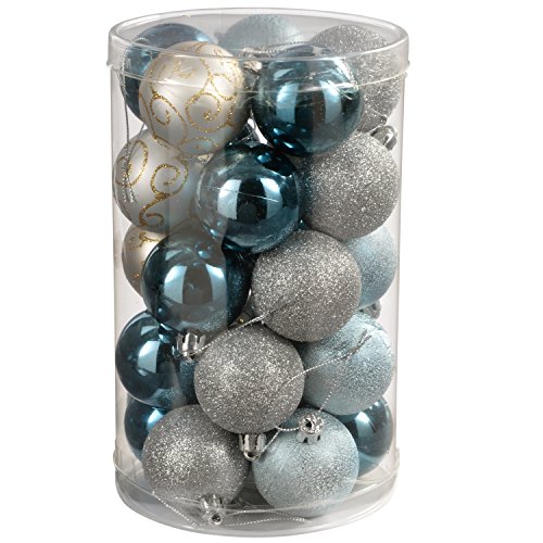 WeRChristmas 25-Piece Deluxe Variety Christmas Tree Baubles Decoration Pack, Blue/Silver