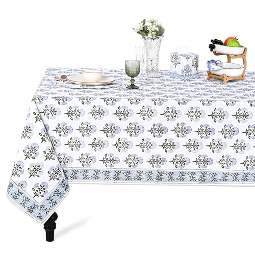 Ridhi Hand Block Print Mughal Buta Blue Cotton Tablecloth, Washable Reusable Boho Floral Table Cover for Dining, Wedding, Holiday Everyday Decor Thanksgiving, Rectangular 70x108 Inches