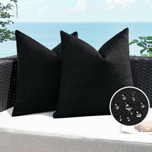 Artscope Outdoor Waterproof Throw Pillow Covers 16x16 Inch Decorative Linen Outdoor Pillows Cushion Case for Patio Couch Sofa - Black