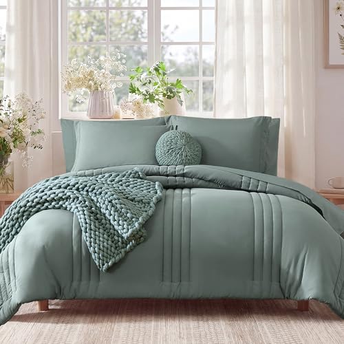 Oversized Queen Comforter Set-7 Pieces Soft Bed in a Bag Queen Bedding Sets - Monbix All-Season Vertical Quilted Comforter with Sheets, Pillow Shams & Pillowcases, Sage
