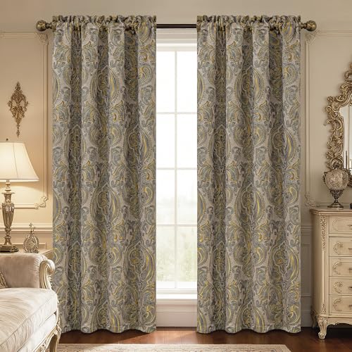 Loom and Mill European Antique Curtains for Bedroom, Textured Lined Jacquard Curtains 2 Panels with Tiebacks, Taupe Gold Damask Window Curtain for Living Room Banquet, Rod Pocket(52???x84???, 2 Panels)