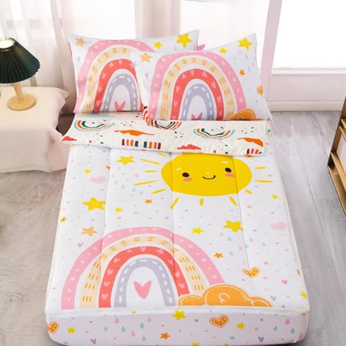A Nice Night Zipper Bedding Cartoon Rainbow Bedding Set with Smile Sun Printed Zippered Kids Comforter Set,Twin,White