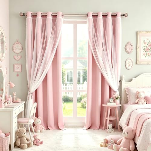 SOFJAGETQ Pink Blackout Curtains 84 inch Length - Double Layers Princess Girls Curtains & Draperies Panels for Kids Bedroom Living Room Nursery Pink Lace Hem Room Darkening Curtains, 2 PCs