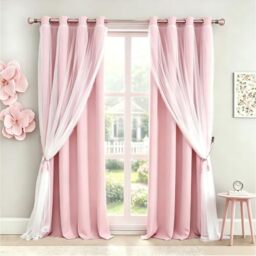 SOFJAGETQ Pink Blackout Curtains 84 inch Length - Double Layers Princess Girls Curtains & Draperies Panels for Kids Bedroom Living Room Nursery Pink Lace Hem Room Darkening Curtains, 2 PCs