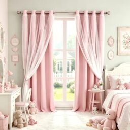 SOFJAGETQ Pink Blackout Curtains 84 inch Length - Double Layers Princess Girls Curtains & Draperies Panels for Kids Bedroom Living Room Nursery Pink Lace Hem Room Darkening Curtains, 2 PCs