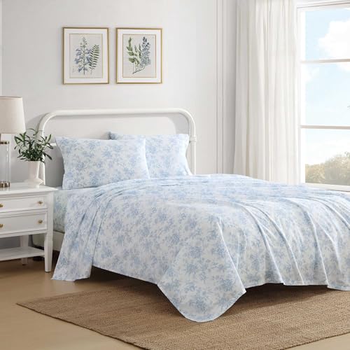 Laura Ashley - Full Bed Sheets, Crisp & Cool Cotton Percale Bedding with Matching Pillowcase, Lightweight Bed Set, Oeko-Tex Certified (Walled Garden Blue)