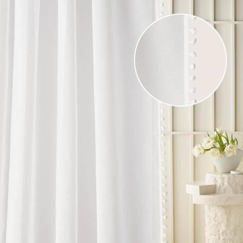 ROOM99 Malia Spirit Eyelet Curtain 200 x 250 cm Width x Height Living Room Transparent Modern Curtain Scarf Living Room Bedroom Pompoms White 1 Piece
