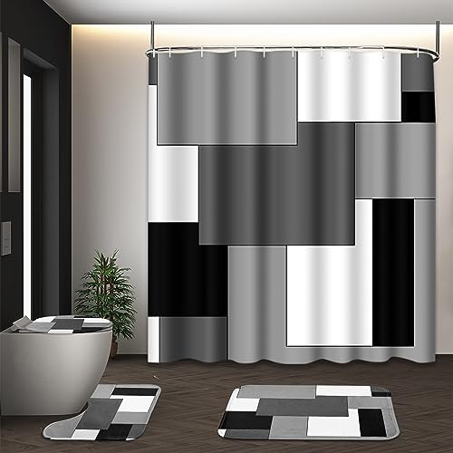 Tayney Grey Geometric Shower Curtain Set with Toilet Lid Cover and Non-Slip Rugs for Bathroom, Black White Checkered 4 Pcs Shower Curtain, Modern Abstract Bathroom Set with 12 Hooks