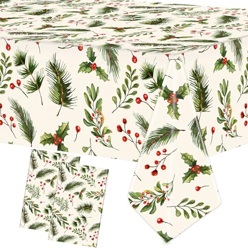 "2PCS Christmas Holly Plastic Tablecloths 54"" X 108"" Xmas Disposable Holly Fruits Tablecloth Rectangular Hollys Berry with Leaves Table Cover Decor for Home Decoration Holiday Christmas Party Supply"