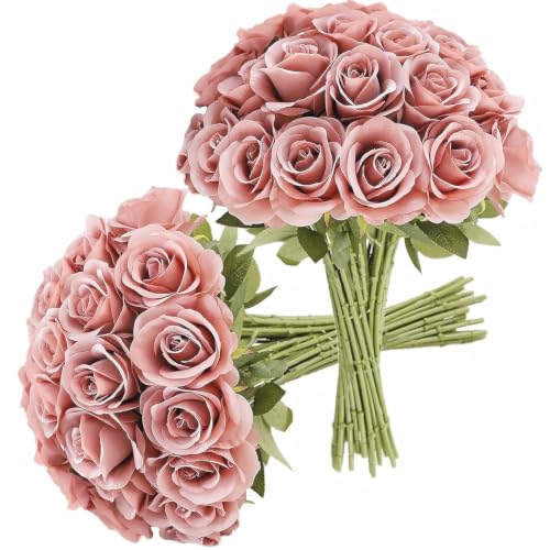 JUSMAI 30pcs Roses Artificial Flowers Dusty Rose Fake Flowers with Long Stems Silk Flowers for Wedding Bouquet Centerpices Decorations Party Bridal Baby Shower Home Decor