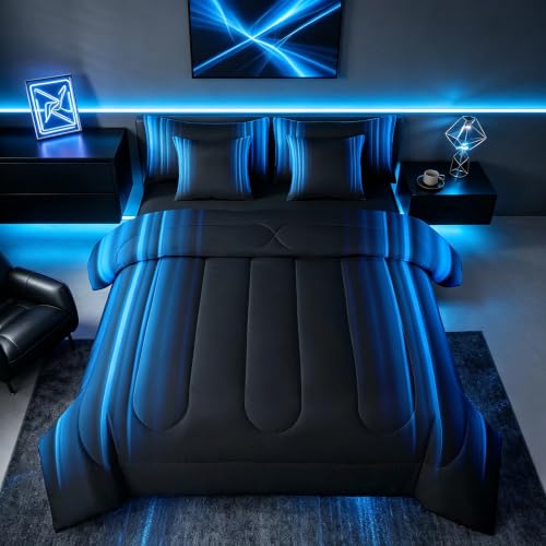 Feelyou Geometric Abstract Ombre Comforter Set with Sheets Kids Teens Blue and Black Striped Bedding Bed Set Decor Modern Fashion Bed in a Bag Bedroom Collection Full Size