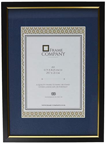 Frame Company Drayton Range with Gold Detail Picture Photo Frame with Blue Mount for Image Size A5, Plastic - A4, Black