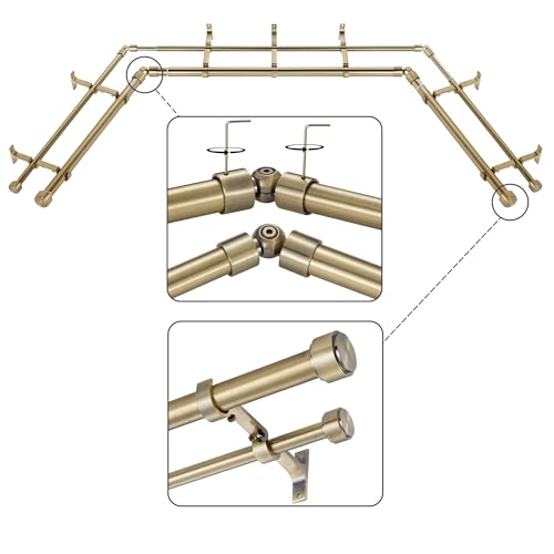 "Mayrhyme Antique Bronze Double Corner Window Curtain Rods with Aluminum End Cap Finials and Brackets,1 Inch Diameter Dual Bay Window Curtain Rods, Adjustable 2 Sided 32-58"" and 32-86 Center Double Rod"