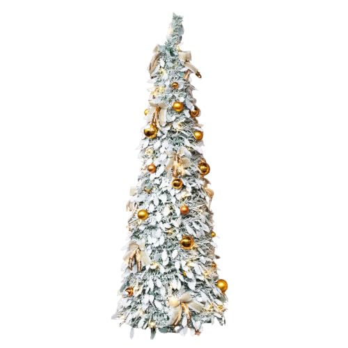 6Ft Prelit Pop up Christmas Tree Collapsible Snow Flocked Gold Baubles Bows - Pre Decorated, Warm White LED, Space Saving, Easy Assembly, Lightweight, Sturdy Base, Mains Operated, Xmas Home Decorations
