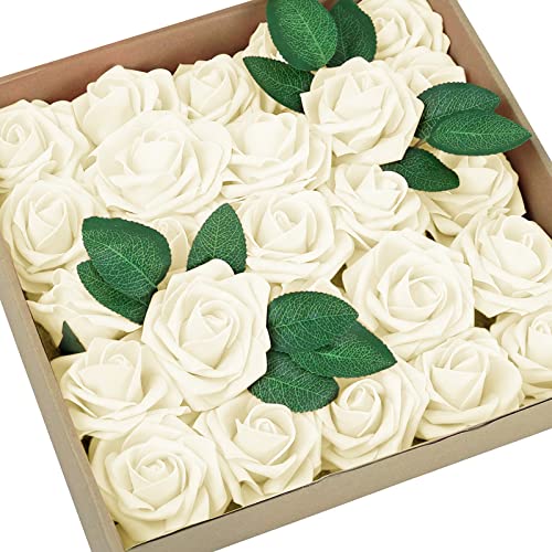 GONICVIN Artificial Flowers, 50 Pcs Artificial Roses Fake Flowers with Stems, Lifelike DIY Craft Flower Bouquets for Wedding, Party, Home, Valentines Day Decorations (Ivory)