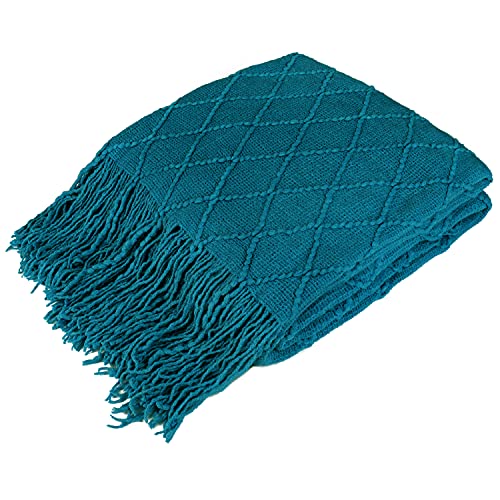 PAVILIA Teal Blue Knit Throw Blanket Couch, Soft Knitted Boho Blanket, Farmhouse Home Decor Woven Throw, Cozy Decorative Afghan Bed Sofa, Outdoor Summer Fall Gift, Lightweight, Turquoise Blue, 50x60
