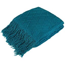 PAVILIA Teal Blue Knit Throw Blanket Couch, Soft Knitted Boho Blanket, Farmhouse Home Decor Woven Throw, Cozy Decorative Afghan Bed Sofa, Outdoor Summer Fall Gift, Lightweight, Turquoise Blue, 50x60