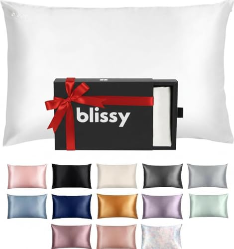 BLISSY Silk Pillowcase - 100 Percent Pure Mulberry Silk - 22 Momme 6A High-Grade Fibers - Satin Pillow Cover for Hair & Skin - Regular, Queen & King with Hidden Zipper, Blissy White