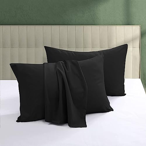 100% Egyptian Cotton Pillow Protectors Set of 4 Standard Size - 600 Thread Count Pillow Cases with Zipper, Silky Soft Sateen Weave Pillowcases, Breathable, Luxury Hotel Quality, Black