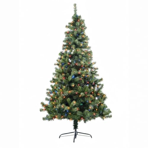 SHATCHI 4Ft-12Ft Pre-Lit Artificial Christmas Tree Alaskan Pine Tips Xmas Home Decorations Metal Stand Warm White LEDs, Green W/Multicolour, 8Ft/240cm