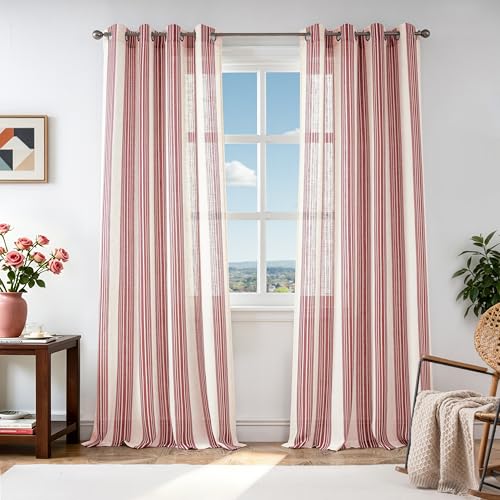 DriftAway Farmhouse Vertical Striped Linen Blend Textured Light Filtering Semi Sheer Curtains for Living Room Bedroom 84 Inches Long Drapes 2 Panels Broad Striped Red