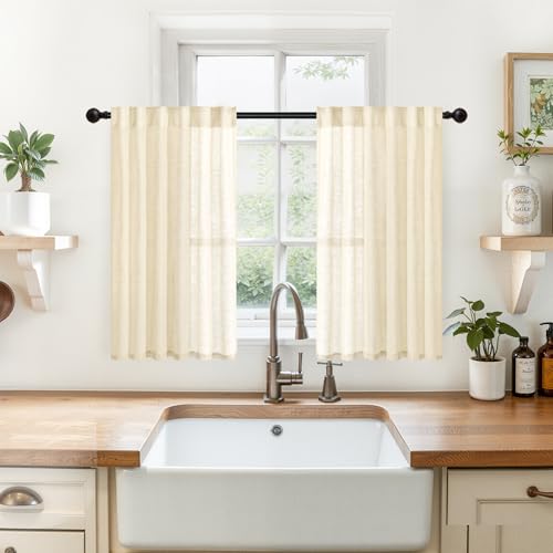 YoungsTex Linen Cafe Curtains 36 Inch Length, Small Semi Sheer Drapes Light Filtering with Rod Pocket Back Tab for Bathroom Kitchen Window, 2 Panels, Beige, 34 X 36 Inch