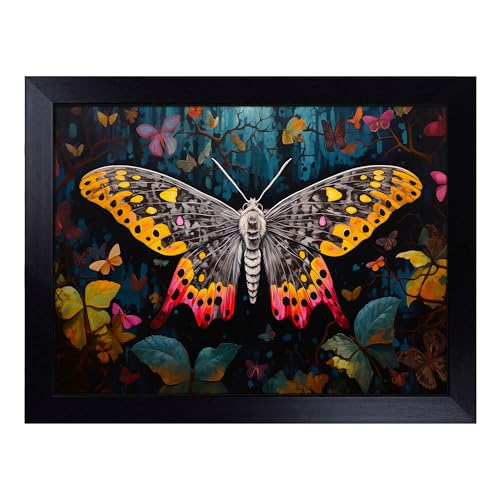 Lap Tray with Bean Bag Cushion, Moth Pop Art - Handmade in the UK, Raised Wooden Edge, Padded Cushion, Heat-Resistant Wipe-Clean Surface, for Meals, Laptops and Crafts