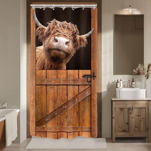 "Riyidecor Stall Highland Cow Small Rv Half Bathroom Shower Curtain Set - 36""W x 72""L shower curtain??? Rustic Bull: HD waterproof print, quick-dry cloth, free hooks for easy installation."