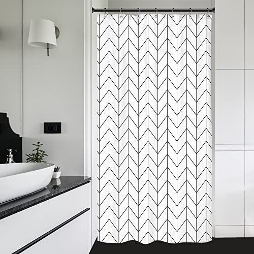 Riyidecor Small Stall 36Wx72H Inch Shower Curtain,Narrow RV Walkin Black White Herringbone Modern Bathroom Curtains,Half Stand Up Zig Zag Chevron Camper Bathroom Accessories Waterproof Fabric 7 Hooks
