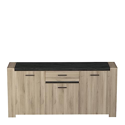 Demeyere Credenza Bassa Industriale 3 Ante 1 cassetto 2 nicchie Elegante – Colore Rovere Chiaro e Grigio Scuro martellato – 1 856 x 433 x 889, 185,6 x 43,3 x 88,9 cm