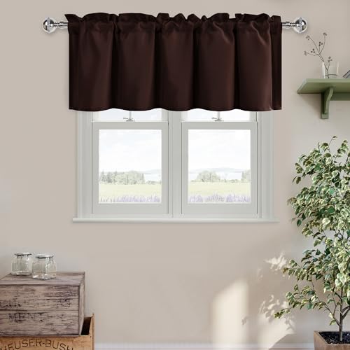 DWCN Valance Curtains, 1 Panel, 52 X 18 Inch, Chocolate - Solid Short Topper, Rod Pocket, Room Darkening, Window Curtain for Living Room, Kitchen, Bathroom, Basement