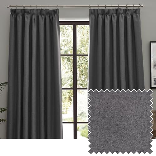 furn. Dawn Textured Blackout Pencil Pleat Curtains – Thermal Lined Pair (Charcoal - Width 168 x Drop 137cm)