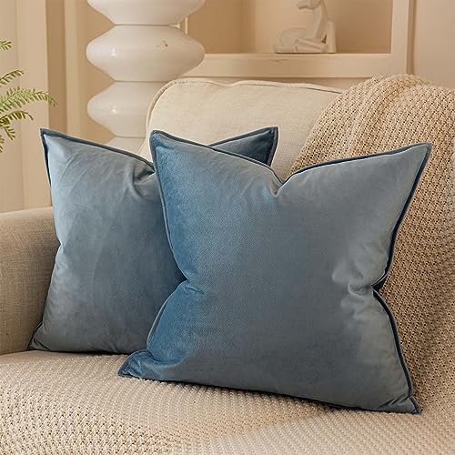 Velvet Throw Pillow Covers 14x14 Set of 2 for Couch Sofa Bed,Light Blue - Decorative Soft Solid Small Pillow Covers,Flange Edge Design,for Living Room Bedroom,Luxury Modern Home Decor